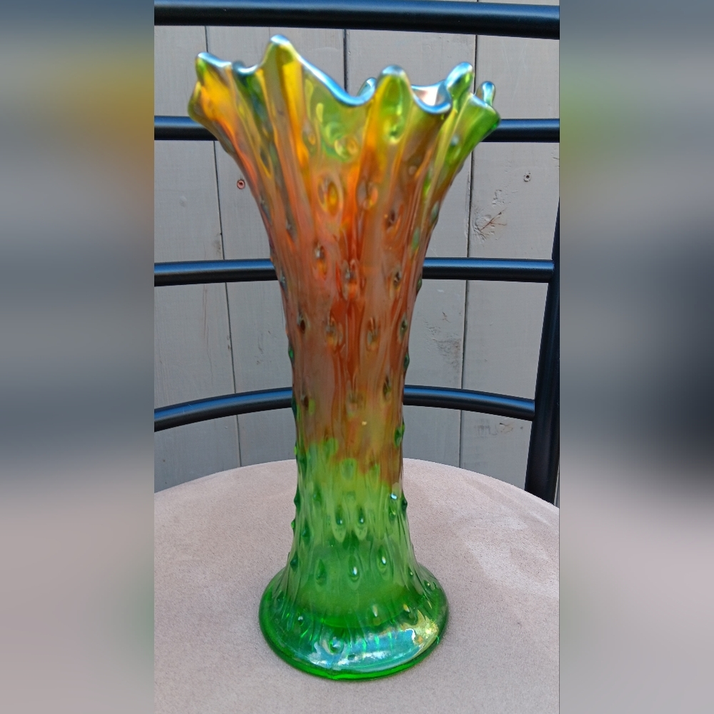 Antique Northwood Green Carnival Swung Vase.  10 inches tall.